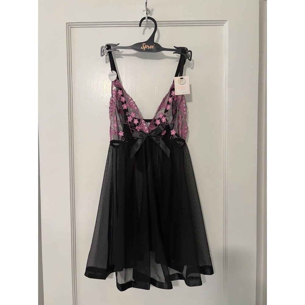 NWT Black Pink Lace Sheer Babydoll Lingerie Thong Set Nightgown Medium Spree